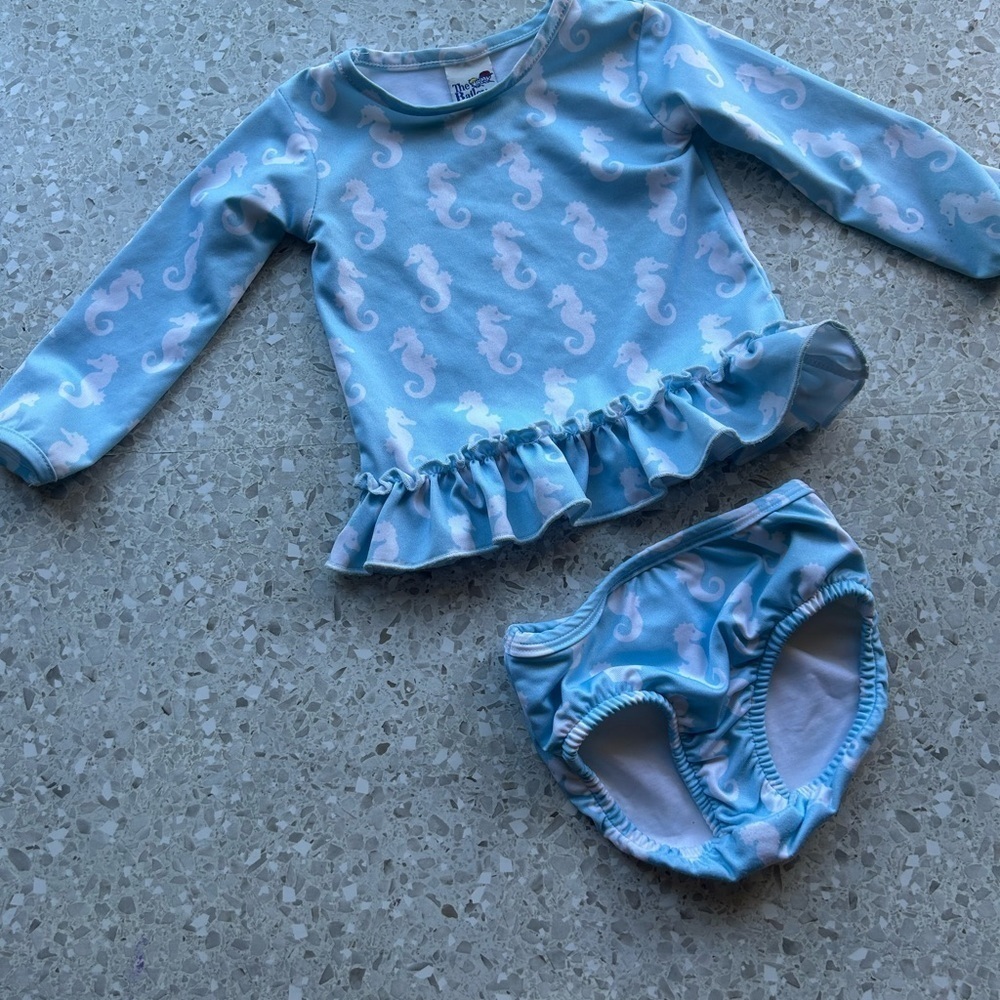 Vintage The Bailey Boys Novelty Print Seahorse Blue & White 2 pc. Swim 18Mo